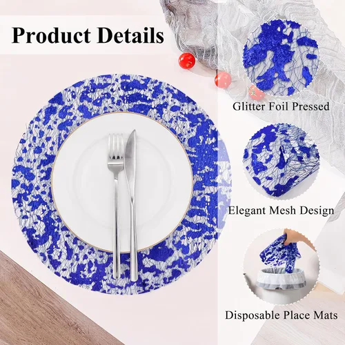 Vista 3 de 30 manteles individuales desechables azules de 13 pulgadas de malla metálica con purpurina redonda, manteles individuales de malla metálica azul