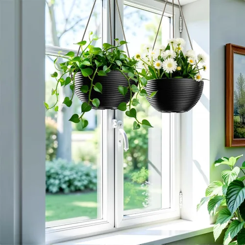Vista 3 de Asnext Maceta colgante de 10 pulgadas con patrón de línea para plantas de interior y exterior, paquete de 2 macetas colgantes redondas para plantas