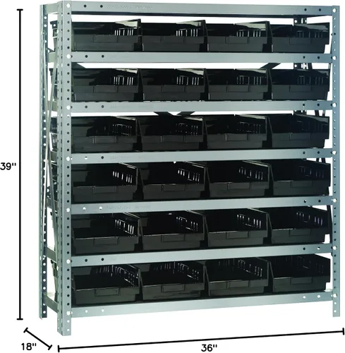 Vista 105 de Quantum QSBU-245BK Heavy Duty Shelving Unit with (7) Shelves and (24) QUS245 Black Bins for Garage Warehouse Storage Distribution 400 lb Load