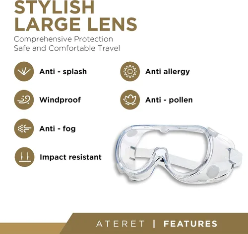 Vista 2 de ATERET Gafas de seguridad protectoras antivaho I Gafas ligeras ajustables con lentes transparentes I Gafas de protección contra salpicaduras químicas