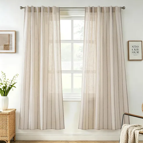 Vista 103 de DriftAway Cortinas de estilo granja con rayas verticales de lino mezclado texturizado con filtro de luz semitransparente para sala de estar