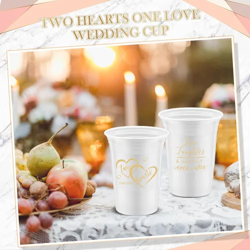 Vista 4 de Layhit - 100 vasos desechables de plástico grueso para boda, tazas blancas de 16 onzas con 2 elegantes diseños de amor, decoraciones para invitados