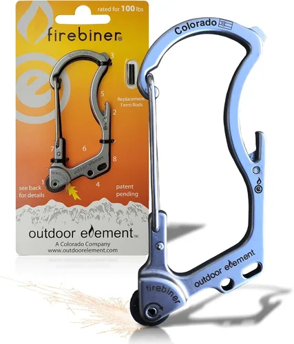 Vista 10 de OUTDOOR ELEMENT Firebiner Custom Engraved 6-in-1 Fire Starter Carabiner Multitool – Survival Gear EDC Keychain with Utility Blade, Bottle Opener