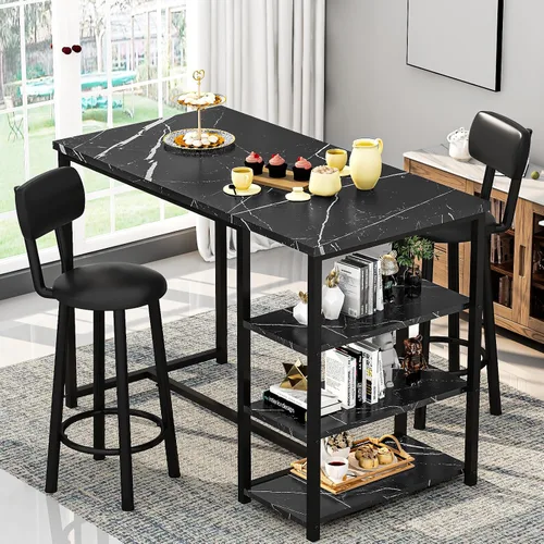 Vista 2 de DKLGG Juego de mesa de comedor para 2, mesa de pub de altura de mostrador con 2 taburetes de bar de PU de respaldo ancho y 3 estantes de Negro