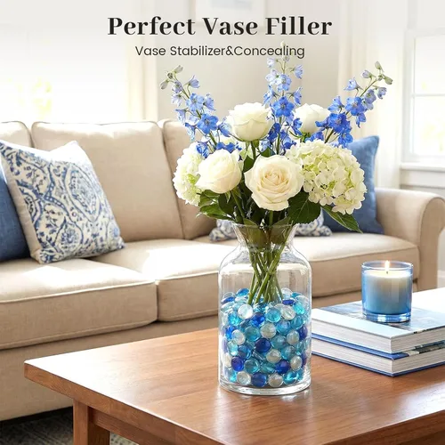 Vista 5 de FUTUREPLUSX Mixed and Dark Blue Flat Glass Marbles Bundle, Decorative Pebbles Gems Vase Fillers for Floral Arrangements, Polished Stones for Fish