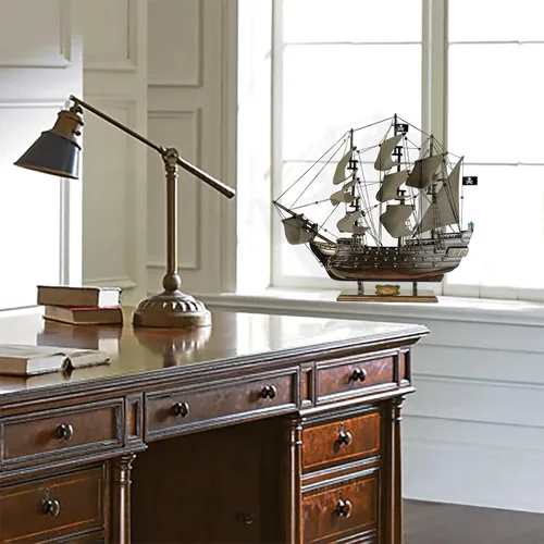 Vista 5 de SAILINGSTORY Modelo de Barco Pirata de Madera Black Pearl Barco de Vela Decoración de Velero 20.5" Velas Antiguas Detalles auténticos artesanales