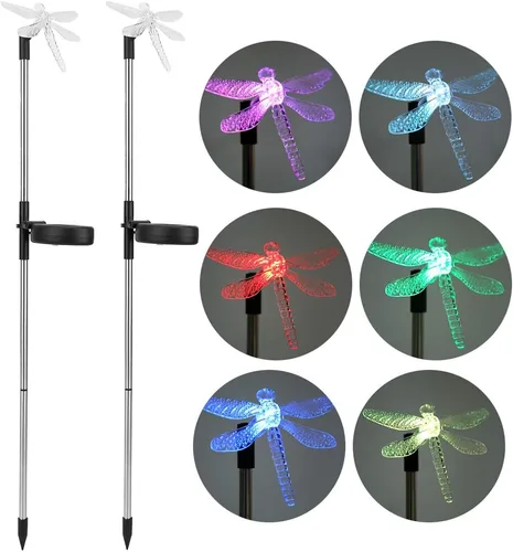 Vista 8 de Paquete de 2 luces solares de jardín al aire libre, impermeable, luz LED que cambia de color, libélula solar para paisaje, luz de estaca