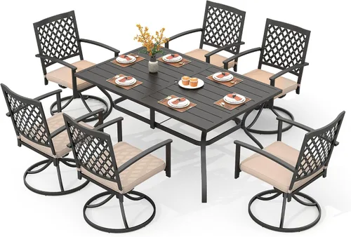 Vista 18 de PHI VILLA Juego de comedor al aire libre de 7 piezas para 6, mesa rectangular de metal negro de 60 pulgadas con agujero para sombrilla y sillas