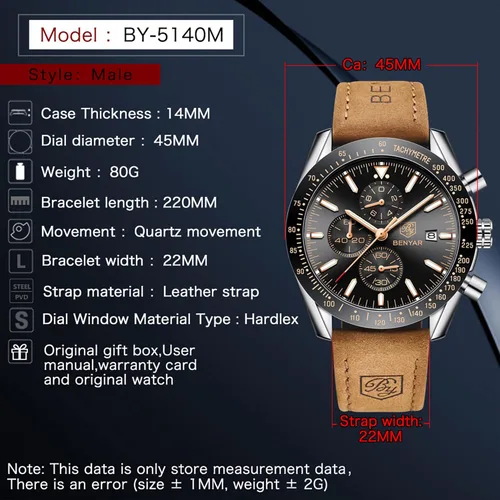 Vista 6 de BY BENYAR Reloj de pulsera para hombre Tienda analógico relojes para hombre negocios trabajo impermeable cronógrafo para hombre moda minimalista