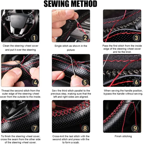 Vista 6 de Funda de Volante de Cuero Genuino, Envoltura con Costura para Volante de hasta Diámetro 15 Pulgadas, Protector de Volante de Costura DIY, Accesorios