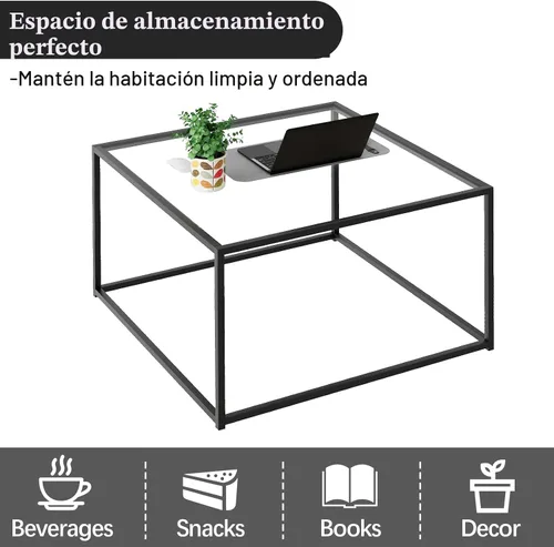 Vista 4 de Mesa de Café de Vidrio Negro para Sala de Estar, Mesas de Café Cuadradas para Espacios Pequeños, Mesas Centro Modernas de Té y Cóctel Simples, Mesas