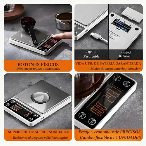 Vista 4 de Báscula de café espresso con temporizador de precisión de 6.6 lbs/0.004 oz, báscula digital de café para verter sobre café, portátil, recargable