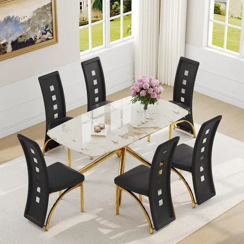 Vista 42 de Juego de mesa de comedor moderna para mesa de comedor negra de 4,63 pulgadas, juego de 4 con patas de metal dorado, mesa de cocina rectangular