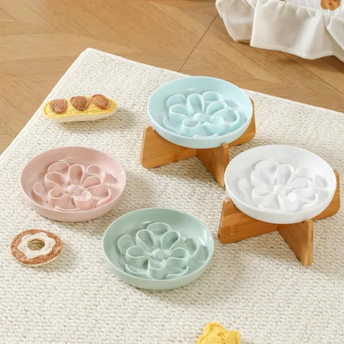 Vista 5 de PTOBER Cuenco elevado para gatos de alimentación lenta – Plato de melamina para gatos con soporte de bambú antideslizante – Tazón de alimentación