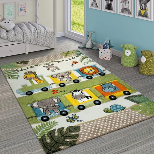 Vista 15 de Paco Home Alfombra de guardería para niños, animales de la selva, locomotora, efecto 3D, color verde crema, tamaño: 4' x 5'7" Crema-verde