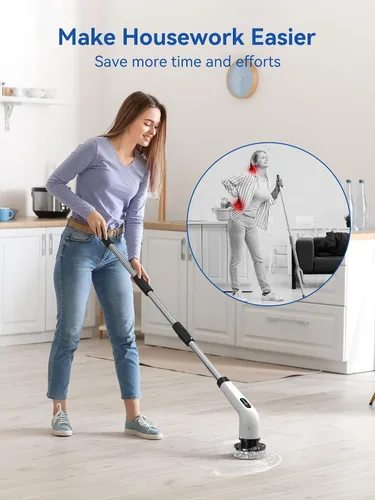 Vista 2 de Limpiador eléctrico giratorio – Limpiador de baño de ducha inalámbrico de 120 minutos con 8 cabezales de cepillo Limpiador eléctrico de 440 RPM