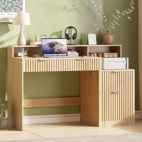 Vista 8 de Vabches Escritorio ejecutivo acanalado con cajones, escritorio de madera para computadora con amplio cajón de archivos, escritorio de oficina