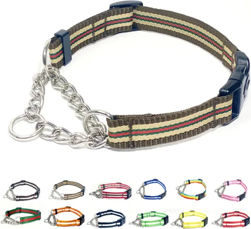 Vista 14 de Collar Martingale para perros, collares de nailon ajustables con hebilla de liberación rápida, rayas multicolores, cadena de acero inoxidable