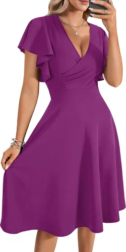 Vista 10 de LYANER Vestido de cóctel de manga corta con volantes y cuello en V, de línea A, con vuelo y estilo midi para mujer Negro puro