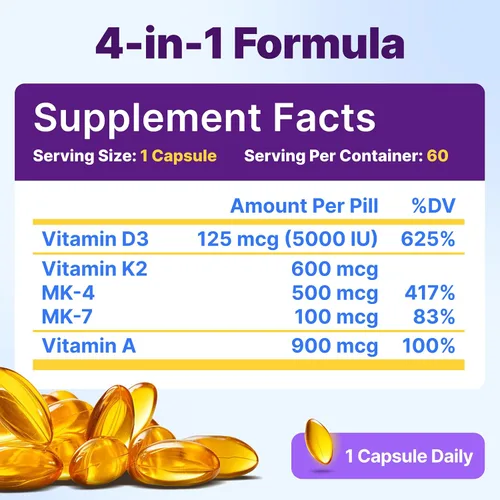 Vista 3 de InnovixLabs Vitamina D3 K2-5000 IU Vitamina D3 Plus 600 mcg Vitamina K2 MK4 y MK7 para la máxima absorción de calcio, apoya la salud ósea, inmune
