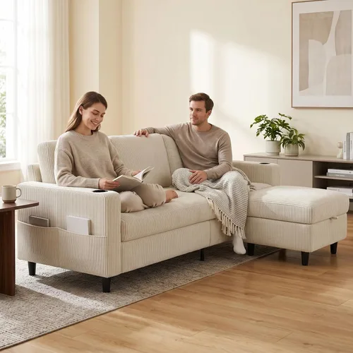 Vista 7 de Sofás seccionales convertibles para sala de estar, sofá en forma de L de 3 asientos con otomana de almacenamiento y 2 portavasos, moderno sofá