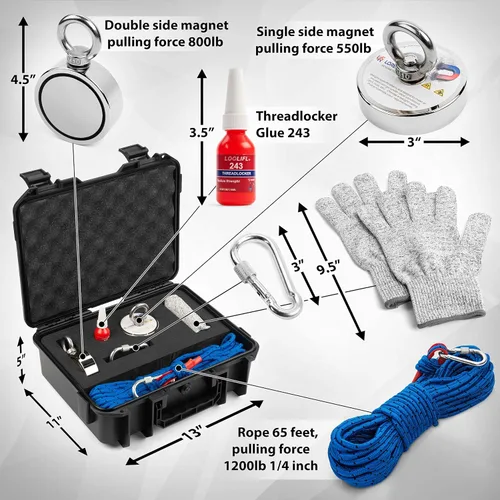 Vista 5 de LORESO - Kit de pesca con imán con estuche, kit completo de pesca con imán de doble cara 880 libras, una cara 550 libras, cuerda + mosquetón