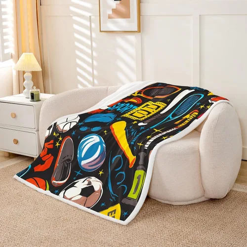 Vista 3 de Feelyou Manta Deportiva de Felpa Sherpa para Lanzar, Baloncesto, Fútbol Americano, Béisbol, Tenis, Manta Suave y Mantas con Patrón de Pelota, Manta