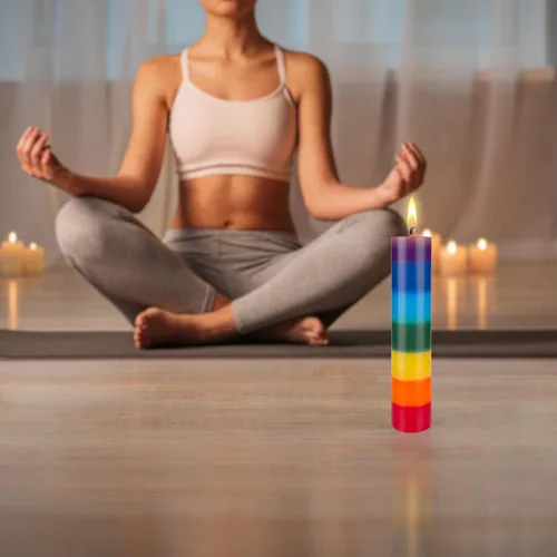 Vista 4 de Mega Candles 1 vela de chakra de pilar sólido multicolor sin perfume, vertida a mano, vela de cera de alta calidad de 2 x 9 pulgadas, mecha 100%