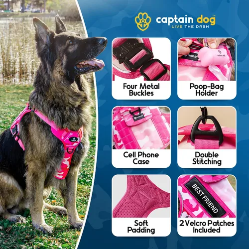Vista 2 de Chaleco de arnés rosa sin tirones para perro de tamaño mediano con 4 hebillas de metal y doble costura Capitán Dog – Camuflaje rosa reflectante