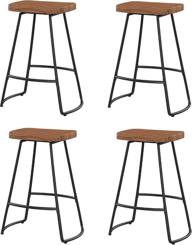 Vista 8 de Juego de 4 taburetes de bar industriales de metal negro con parte superior de madera, 24 pulgadas