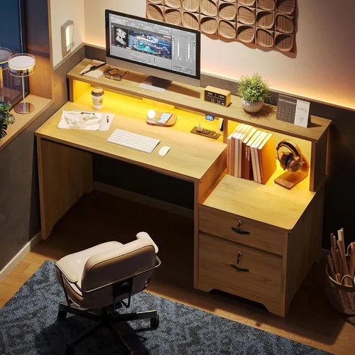Vista 8 de Bestier Escritorio para computadora de 55 pulgadas con tomas de corriente y luces LED, escritorio de oficina en casa con cajón de archivos