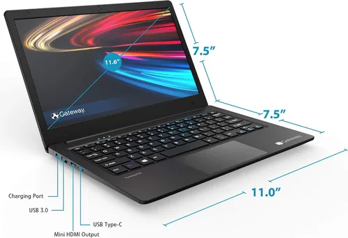 Vista 3 de Gateway Computadora portátil ultradelgada FHD de 11.6", AMD A4-9120e hasta 2.4GHz, 4 GB DDR4 RAM, 64 GB eMMC, Bluetooth 4.0, cámara web, USB tipo C
