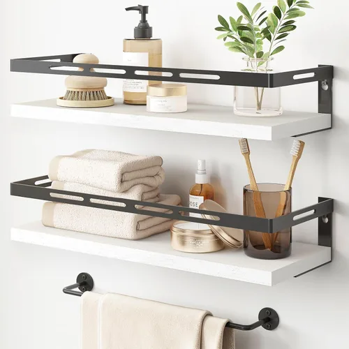 Vista 8 de YGEOMER - Estantes flotantes para organizador de baño sobre inodoro, estantes de baño montados en la pared con toallero, estante de pared