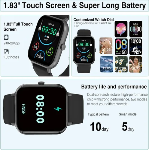 Vista 6 de Reloj inteligente para hombres y mujeres, compatible con teléfono Android iOS, pantalla táctil completa de 1.83 pulgadas, reloj inteligente