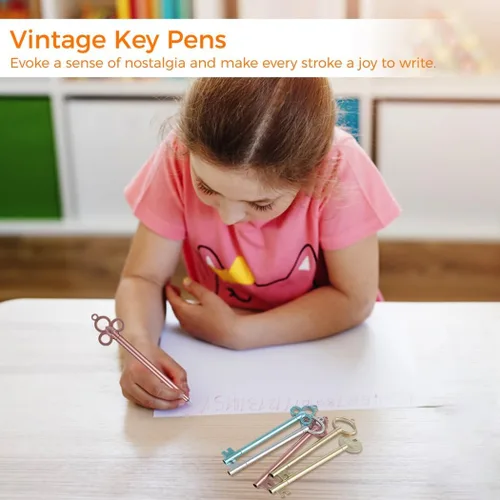 Vista 7 de Juego de bolígrafos de llave vintage, 96 bolígrafos con forma de llave con tinta fina negra, bolígrafos retro para suministros de oficina escolar