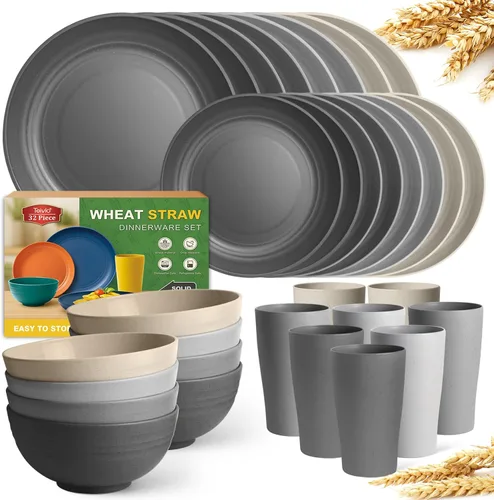 Vista 28 de Teivio Juego de vajilla de plástico de paja de trigo de 32 piezas para cocina, servicio para 8, platos, cuencos y tazas irrompibles, vajilla