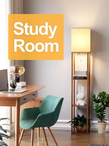 Vista 8 de Lámpara de pie con estantes para sala de estar color marrón nogal, lámpara de pie con estante con bombilla LED de 3 CCT, lámpara de columna de pie