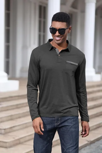Vista 3 de Polo de algodón clásico de manga larga con botones térmicos y bolsillo para hombre