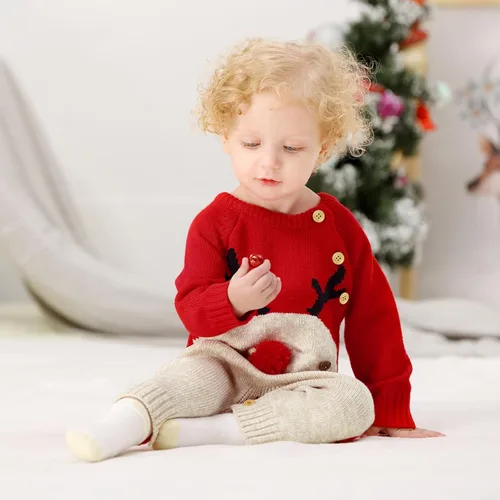 Vista 3 de Maemukilabe Suéter de punto de Navidad para bebé niño y niña, mono de manga larga, 1 pieza, ropa de otoño e invierno