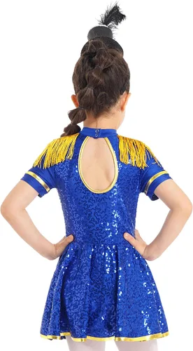 Vista 5 de MSemis Disfraz de Majorette de lentejuelas para niñas, con borlas, gorra de línea A, vestido de uniforme de maestro de anillos real
