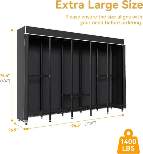 Vista 5 de Higeego Perchero de Ropa Resistente de 94.5" de Ancho con Cubierta, Perchero de Ropa H5C con Estantes Ajustables Armario Closet Independiente
