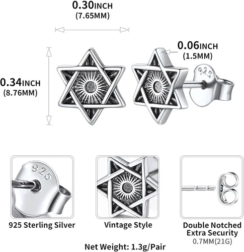 Vista 4 de ChicSilver Pendientes retro de plata de ley 925 con estrella de Davidojo de Horus para mujeres, adolescentes y niñas, hipoalergénicos