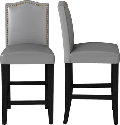 Vista 14 de LSSPAID Juego de 2 taburetes de bar, de 28.5 pulgadas, modernos tapizados de tela, taburetes de bar con respaldo de cabeza de clavo y patas de Beige