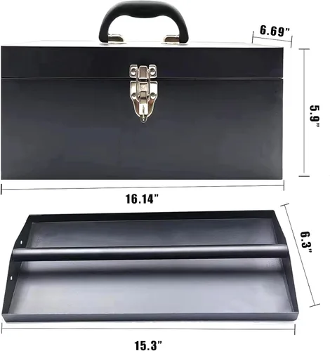 Vista 6 de Caja de herramientas de metal portátil de 16 pulgadas, caja de herramientas grande de calibre 18, caja de aparejos Meta l, caja de herramientas