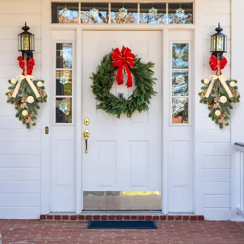 Vista 4 de Super Holiday - Decoraciones de Navidad, 2 piezas de coronas de puerta delantera de plantas verdes artificiales colgantes con lazo