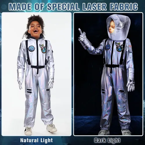 Vista 3 de Latocos Kids Astronaut Costume with Helmet Laser Space Suit for Halloween Boys Girls Pretend Role Play Dress Up Ages 5-14
