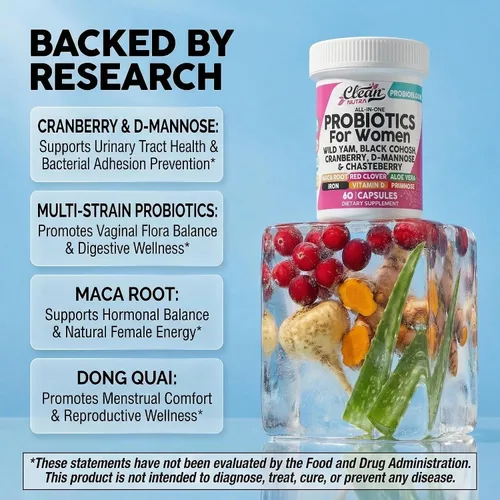 Vista 11 de Clean Nutraceuticals Probióticos para mujeres con D manosa, extracto de arándano, ñame silvestre, chasteberry – 20 cepas probióticas y prebióticas