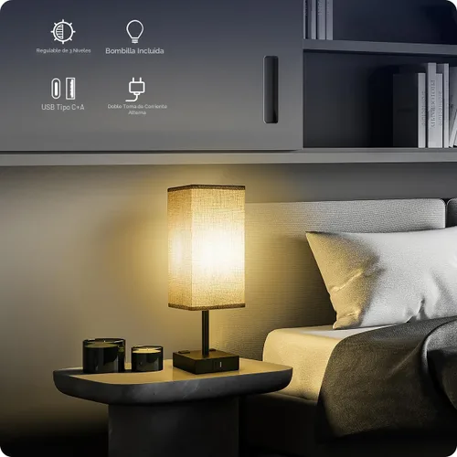 Vista 2 de Lámpara de Mesa de Noche para Dormitorio - Lámpara Pequeña Táctil con Puertos de Carga USB C+A y Tomacorrientes de CA, Luz de Mesa de Noche Gris