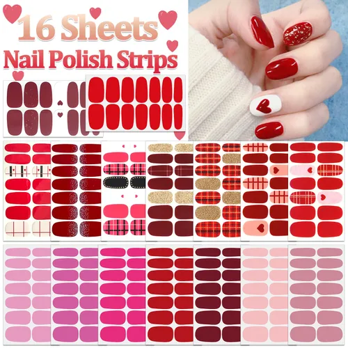 Vista 2 de 16 hojas de tiras de esmalte de uñas de color rojo a cuadros de color sólido para mujeres, calcomanías autoadhesivas de esmalte de uñas, tiras