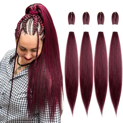Vista 36 de Cabello trenzado burdeos, 10 pulgadas, 4 paquetes Cabello preestirado, trenzas de ganchillo cortas y rectas, textura Yaki, fibra sintética